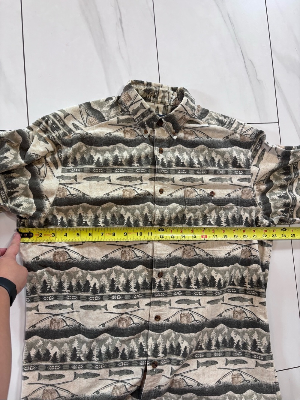 Vintage Woolrich Fishing Trout / Forest Print flannel Button Down Shirt size L - Picture 4 of 6